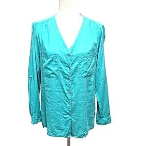 Coral Bay Turquoise Long Sleeve Linen Rayon Two Pocket V-Neck Top Blouse Sz M